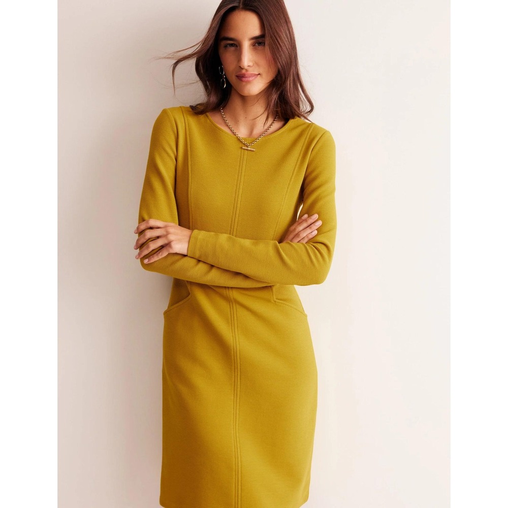 Boden Mustard Yellow Ottoman Rib Shift Dress Long Sleeve Pockets US 12R